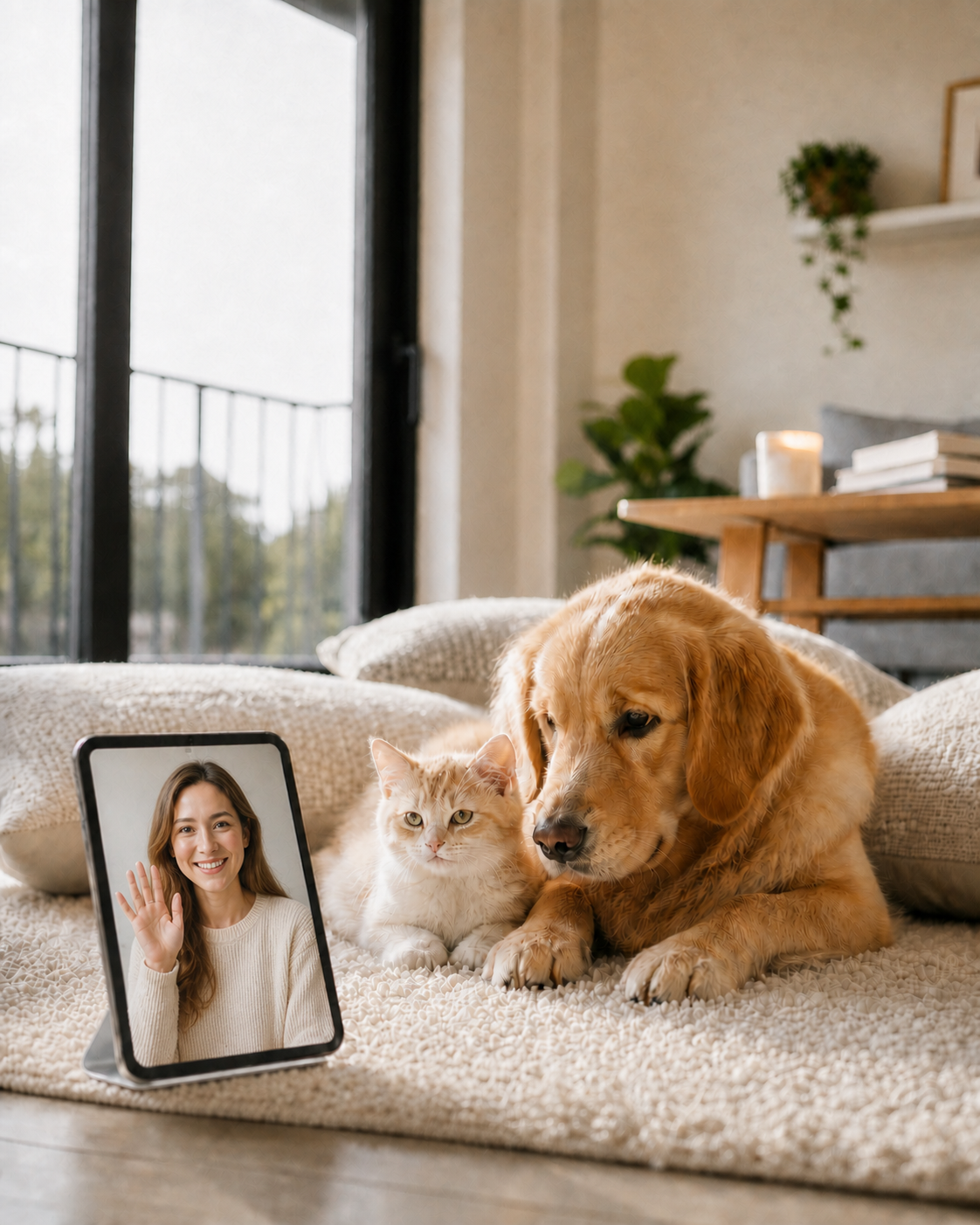 A cat and dog video calling their owner on an iPad